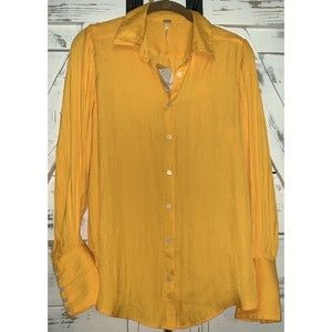 FREE PEOPLE Serena Silky Stripe Shirt carrot ginger yellow Long Sleeve Blouse